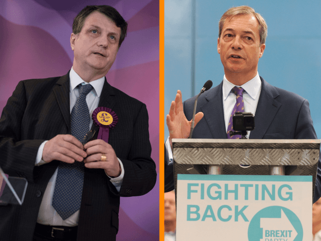 (R) British MEP Nigel Farage speaks during the launch of the Brexit Party's European election campaign, Coventry, England, Friday, April 12, 2019. On Friday, Nigel Farage launched the campaign of his newly formed Brexit Party. The former U.K. Independence Party leader said delays to Brexit were "a willful betrayal of …