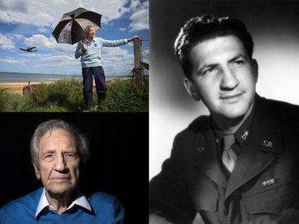 This combination of pictures shows a picture (Up-L) of French WWII veteran Bernard Dargols posing in Omaha beach on June 5, 2014, in Colleville-sur-Mer, Normandy, where he landed 70 years ago during the operation Overlord; a picture (Down-L) of Bernard Dargols posing in his home on May 12, 2014 in …
