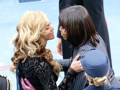 WASHINGTON, DC - JANUARY 21: First lady Michelle Obama greets singer Beyonce after she performs the National Anthem during the public ceremonial inauguration on the West Front of the U.S. Capitol January 21, 2013 in Washington, DC. Barack Obama was re-elected for a second term as President of the United …