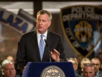 NEW YORK, NY - MAY 07: New York City Mayor Bill de Blasio speaks at a dedication to fallen police officers at New York Police Department (NYPD) Headquarters on May 7, 2015 in New York City. Eighteen deceased officer's names were added to the NYPD's Memorial Wall. (Photo by Andrew …