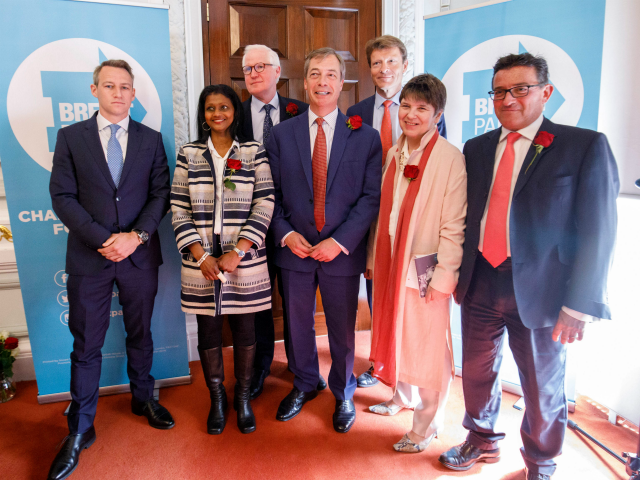 Brexit Party leader Nigel Farage (C) poses with Brexit party MEP candidates during a candi