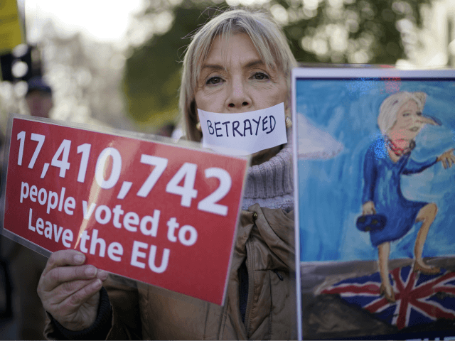 LONDON, ENGLAND - DECEMBER 11: Pro brexit protesters demonstrate outside parliament on December 11, 2018 in London, England. After British Prime Minister Theresa May postponed a Commons vote on the Brexit deal she is meeting European leaders and EU officials today for talks aimed at rescuing her plan. (Photo by …
