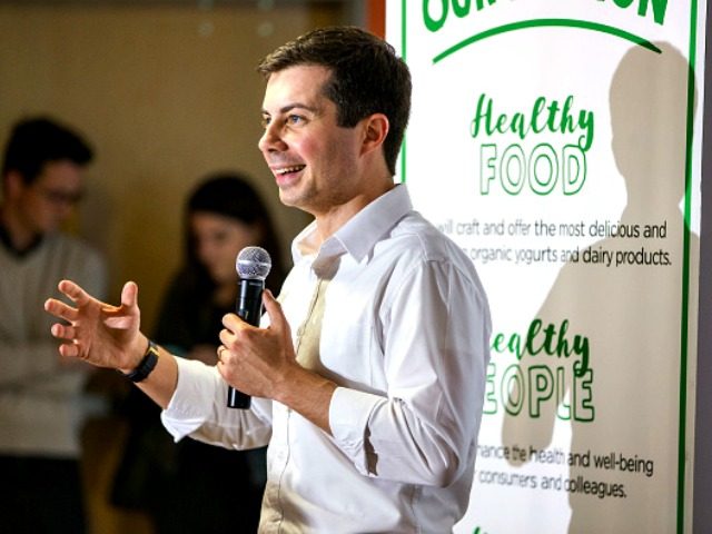 LONDONDERRY, NH - APRIL 19: Democratic Presidential candidate, South Bend Mayor Pete Buttigieg speaks during a campaign stop at Stonyfield Farms on April 19, 2019 in Londonderry, New Hampshire. Recent polls are showing Buttigieg is gaining ground with Democrats in the presidential nominating states of Iowa and New Hampshire. (Photo …