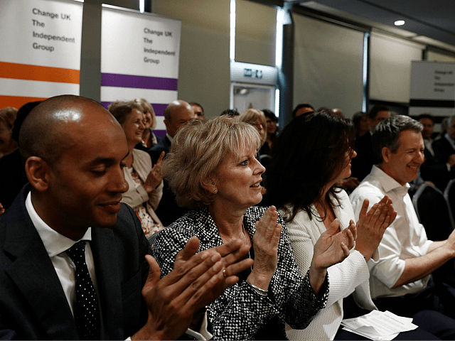 (L-R) Chuka Umunna, Anna Soubry and Heidi Allen of the new pro-EU political party, Change UK take part in the launch of its European election campaign in Bristol on April 23, 2019. (Photo by Adrian DENNIS / AFP) (Photo credit should read ADRIAN DENNIS/AFP/Getty Images)