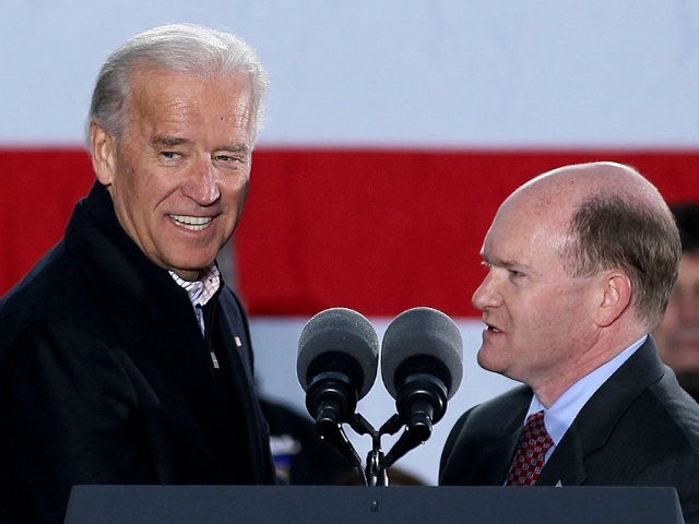 WILMINGTON, DE - NOVEMBER 01: U.S. Vice President Joseph Biden (L) and Senate Democratic candidate Chris Coons (R), participate in a rally on November 1, 2010 in Wilmington, Delaware. Democrats are making last minutes pushes for voter turnout in tomorrows election. (Photo by Mark Wilson/Getty Images)