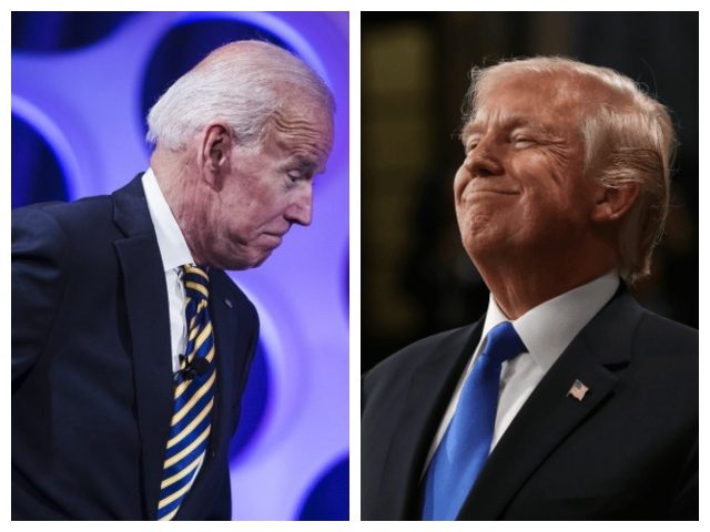 Collage of tired Biden and mocking Trump