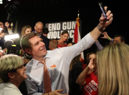 SUNRISE, FLORIDA - APRIL 09: Rep. Eric Swalwell (D-CA), who announced that he is running for president in 2020, greets people during a gun violence town hall at the BB&T Center on April 09, 2019 in Sunrise, Florida. Rep. Swalwell held the town hall not far from Marjory Stoneman Douglas …