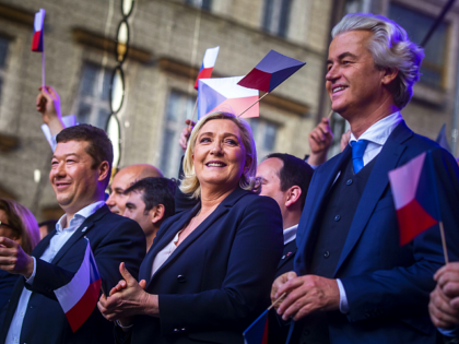 PRAGUE, CZECH REPUBLIC - APRIL 25: Leader of French National Rally party (RN) Marine Le Pen (C), leader of Czech Freedom and Direct Democracy party (SPD) Tomio Okamura (L) and leader of Dutch Party for Freedom (PVV) Geert Wilders (R) during a meeting of populist far-right party leaders in Wenceslas …