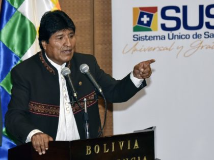 Bolivia's President Evo Morales Ayma delivers a speech during the enactment of a law that grants universal and free health insurance, at the government palace in La Paz on February 20, 2019. (Photo by AIZAR RALDES / AFP) (Photo credit should read AIZAR RALDES/AFP/Getty Images)