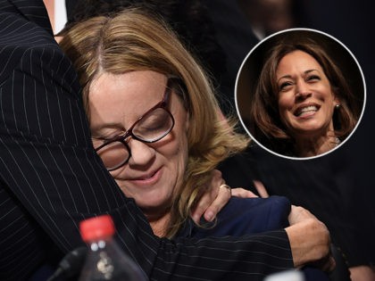 (INSET: Kamala Harris) WASHINGTON, DC - SEPTEMBER 27: Christine Blasey Ford is comforted by her attorneys after testifying before the US Senate Judiciary Committee in the Dirksen Senate Office Building on Capitol Hill September 27, 2018 in Washington, DC. A professor at Palo Alto University and a research psychologist at …