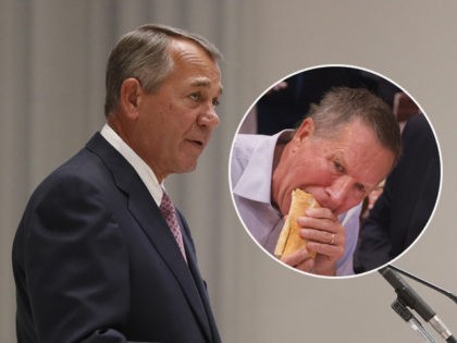 (INSET: John Kasich bites into a submarine sandwich) WASHINGTON, DC - FEBRUARY 14: Former House Speaker John Boehner speaks during the funeral service for former Rep. John Dingell (D-MI) on February 14, 2019 at Holy Trinity Catholic Church in Washington, DC. Dingell, who represented southeast Michigan for 59 years in …
