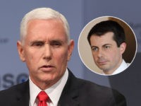 (INSET: Pete Buttigieg) MUNICH, GERMANY - FEBRUARY 16: US vice president Michael Pence gives a speech during the 55th Munich Security Conference (MSC) on February 16, 2019 in Munich, Germany. The annual conference, which brings together political and defense leaders from across the globe, is taking place under heightened tensions …