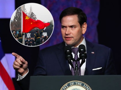 (INSET: Chinese soldiers raising flag) DORAL, FLORIDA - FEBRUARY 01: Sen. Marco Rubio (R-FL) speaks before Vice President Mike Pence takes to the podium at Iglesia Doral Jesus Worship Center after meeting with Venezuelan exiles and community leaders on February 01, 2019 in Doral, Florida. Sen. Rubio and Vice President …