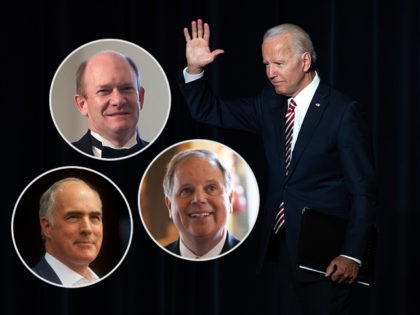 (INSETS: Chris Coons, Bob Casey Jr, Doug Jones) Former US Vice President Joe Biden waves to the crowd after speaking at the First State Democratic Dinner in Dover, Delaware, on March 16, 2019. (Photo by SAUL LOEB / AFP) (Photo credit should read SAUL LOEB/AFP/Getty Images)