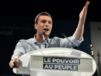 French far-right Rassemblement National (RN) runner candidate for the upcoming European election Jordan Bardella delivers a speech during a campaign meeting ahead of European elections in Roquevaire, southern France, on March 22, 2019. (Photo by CHRISTOPHE SIMON / AFP) (Photo credit should read CHRISTOPHE SIMON/AFP/Getty Images)