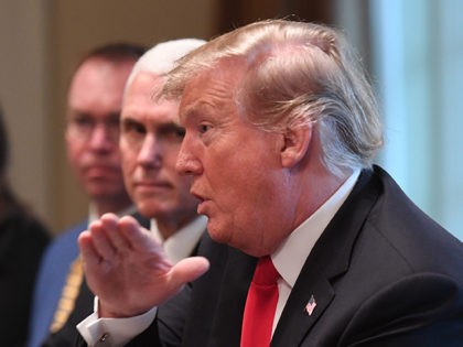 US President Donald Trump speaks with NATO Secretary General Jens Stoltenberg (unseen) as