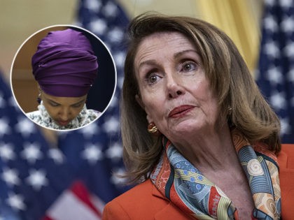 (INSET: Ilhan Omar) WASHINGTON, DC - APRIL 09: House Speaker Nancy Pelosi, (D-CA) speaks during a ceremonial bill enrollment for legislation which would end U.S. involvement in the war in Yemen on April 9, 2019 in Washington, DC. President Donald Trump has said that he would veto the legislation if …