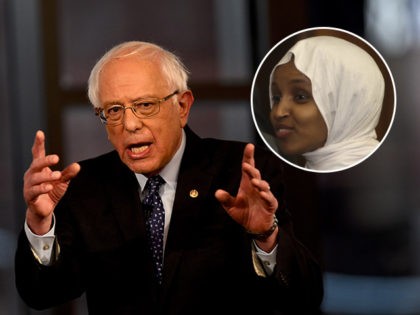 )INSET: Ilhan Omar) BETHLEHEM, PA - APRIL 15: Democratic presidential candidate, U.S. Sen. Bernie Sanders (I-VT) participates in a FOX News Town Hall at SteelStacks on April 15, 2019 in Bethlehem, Pennsylvania. Sanders is running for president in a crowded field of Democrat contenders. (Photo by Mark Makela/Getty Images)