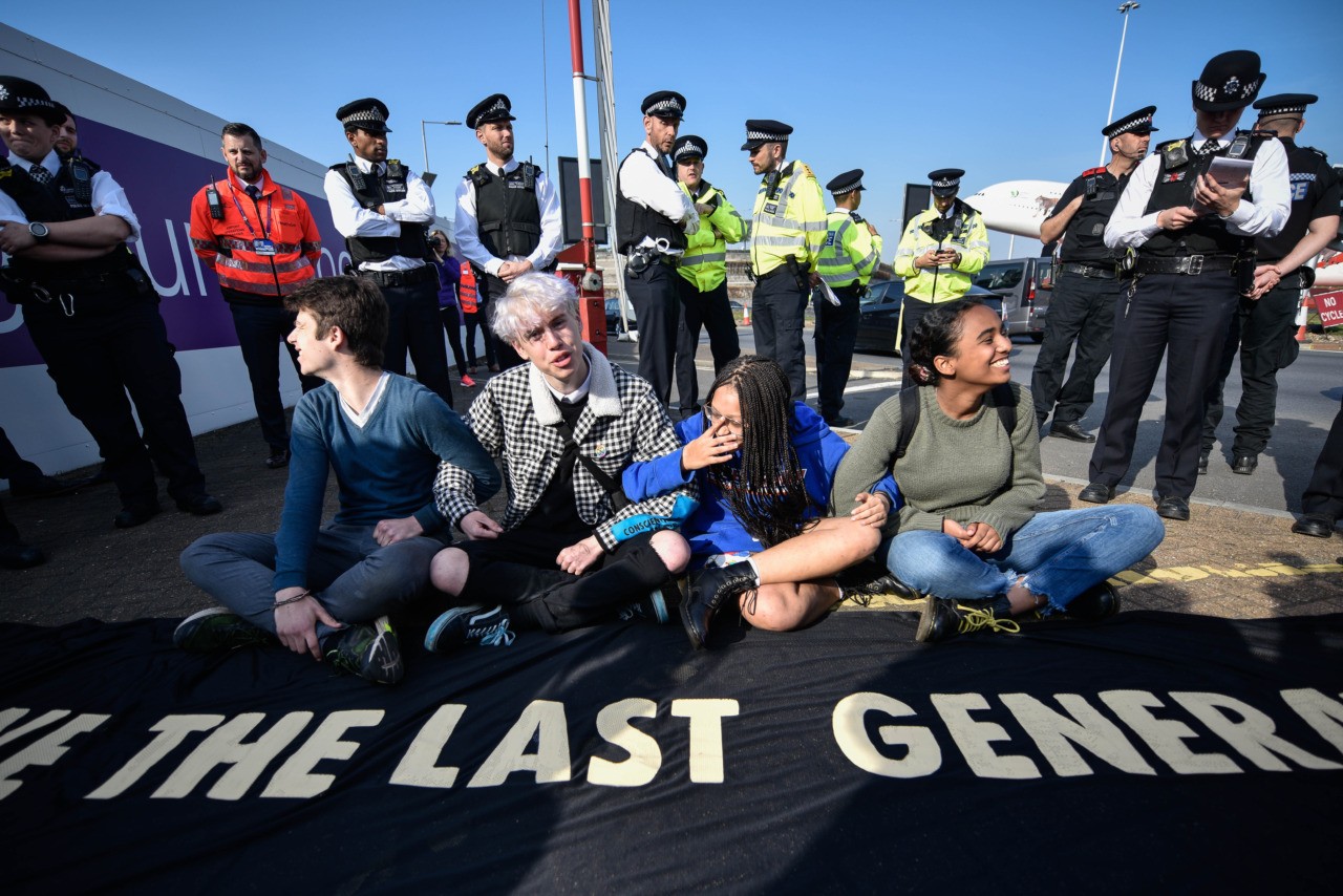 LONDON, ENGLAND - APRIL 19: Climate protestors hold a demo outside Heathrow Airport on April 19, 2019 in London, England. The climate change activism group, Extinction Rebellion, said they planned to shut down Heathrow airport. (Photo by Peter Summers/Getty Images)