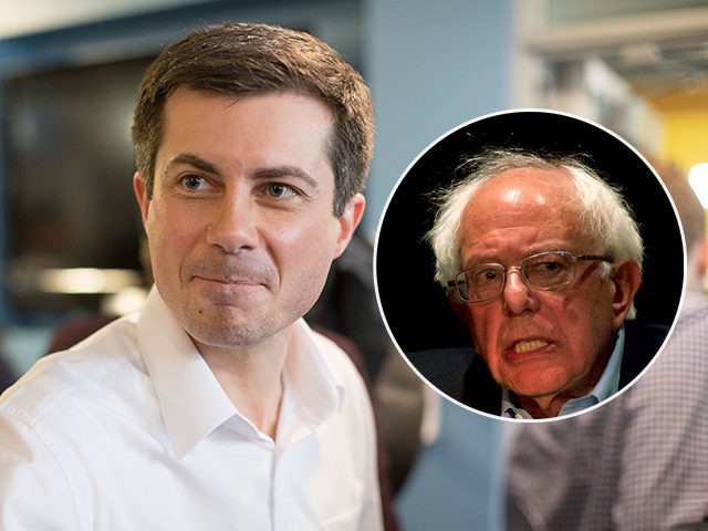 (INSET: Bernie Sanders) LONDONDERRY, NH - APRIL 19: Democratic Presidential candidate, South Bend Mayor Pete Buttigieg attends a campaign stop at Stonyfield Farms on April 19, 2019 in Londonderry, New Hampshire. Recent polls are showing Buttigieg is gaining ground with Democrats in the presidential nominating states of Iowa and New …