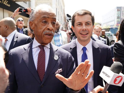 2020 Democratic presidential candidate and South Bend, IN, Mayor Pete Buttigieg (C) campaigns in New York April 29, 2019 meeting Rev. Al Sharpton (L) for lunch to discuss 'the need to confront homophobia in the faith community', and Mayor Buttigieg's policy agenda for the black community in Indiana and around …