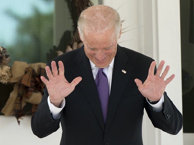 US Vice President Joe Biden reacts as reporters shout questions asking if he has made a decision on whether to run for President as he awaits the arrival of the South Korean President for lunch at the Naval Observatory in Washington, DC, October 15, 2015. AFP PHOTO / SAUL LOEB …