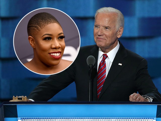 (INSET: Symone Sanders) PHILADELPHIA, PA - JULY 27: US Vice President Joe Biden delivers remarks on the third day of the Democratic National Convention at the Wells Fargo Center, July 27, 2016 in Philadelphia, Pennsylvania. Democratic presidential candidate Hillary Clinton received the number of votes needed to secure the party's …