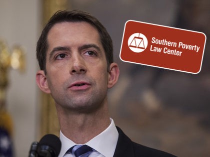 (INSET: Logo of the Southern Poverty Law Center [SPLC]) WASHINGTON, DC - AUGUST 2: (AFP OUT) Sen. Tom Cotton (R-AR) makes an announcement on the introduction of the Reforming American Immigration for a Strong Economy (RAISE) Act in the Roosevelt Room at the White House on August 2, 2017 in …