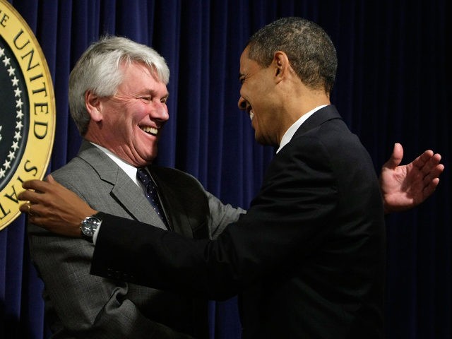 WASHINGTON - JANUARY 21: U.S. President Barack Obama (R) greets White House counsel Gregory Craig (L) during an event at the Eisenhower Executive Office Building of the White House January 21, 2009 in Washington. Five executive orders requiring staffers to comply with strict new rules on governing lobbying, lobbyists and …