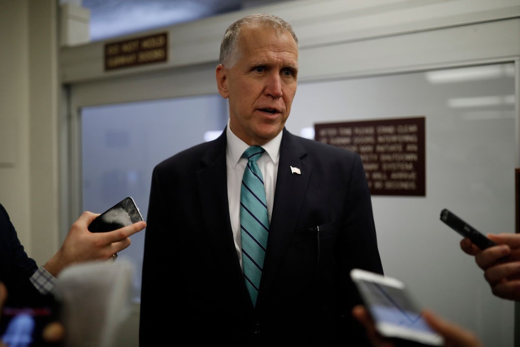 WASHINGTON, DC - FEBRUARY 15: Sen. Thom Tillis (R-NC) speaks with reporters on Capitol Hill on February 15, 2018 in Washington, DC. The Senate failed to pass an immigration fix, raising questions about the fate of DACA recipients. (Photo by Aaron P. Bernstein/Getty Images)