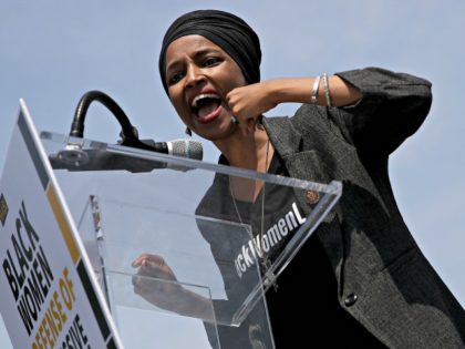 WASHINGTON, DC - APRIL 30: Rep. Ilhan Omar (D-MN) speaks at an event outside the U.S. Capitol April 30, 2019 in Washington, DC. Omar and others called for “Democratic leaders Speaker Nancy Pelosi and Senate Minority Leader Chuck Schumer censure President Trump for inciting violence against Congresswoman Ilhan Omar." (Photo …