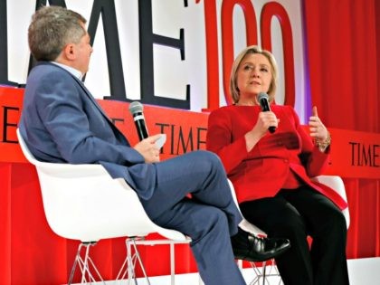 Hillary Clinton speaks with Editor-in-Chief and CEO of TIME Edward Felsenthal during the TIME 100 Summit, in New York, Tuesday, April 23, 2019. (AP Photo/Richard Drew)