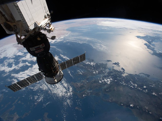 (March 31, 2019) --- The Soyuz MS-12 spacecraft is pictured docked to the International Space Station's Rassvet module as the orbital complex flew 256 miles above the Aegean Sea. This view looks from northeast to southwest, from Greece, Italy and across the Mediterranean Sea to Libya.
