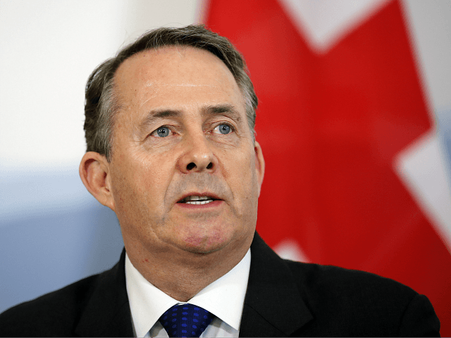 Britain's International Trade Secretary Liam Fox gives a press conference in Bern on Febru