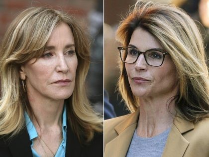 This combination photo shows actresses Felicity Huffman, left, and Lori Loughlin outside of federal court in Boston on Wednesday, April 3, 2019, where they face charges in a nationwide college admissions bribery scandal. (AP Photo/Charles Krupa, left, Steven Senne)