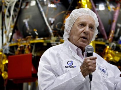 Israeli billionaire investor Morris Kahn (L) and Space IL CEO Ido Anteby present an Israeli Aerospace Industries spacecraft during a press conference to announce its launch to the moon, in Yehud, Eastern Tel Aviv, on July 10, 2018. - An Israeli organisation announced plans Tuesday to launch the country's first …