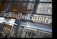 NEW YORK - APRIL 21: The New York Times logo is seen on the headquarters building on April 21, 2011 in New York City. The New York Times profits fell 58 percent in the first quarter of 2011. (Photo by Ramin Talaie/Getty Images)