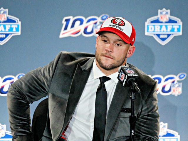 NASHVILLE, TN - APRIL 25: Nick Bosa of Ohio State speaks to the media after being selected with the second pick in the first round of the NFL Draft by the San Francisco 49ers on April 25, 2019 in Nashville, Tennessee. (Photo by NASHVILLE, TN - APRIL 25: Nick Bosa …