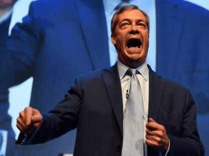 British politician and The Brexit Party leader, Nigel Farage addresses the first public rally of their European Parliament election campaign in Birmingham, central England on April 13, 2019. (Photo by Daniel LEAL-OLIVAS / AFP) (Photo credit should read DANIEL LEAL-OLIVAS/AFP/Getty Images)