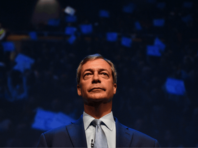 British politician and The Brexit Party leader, Nigel Farage addresses the first public rally of their European Parliament election campaign in Birmingham, central England on April 13, 2019. (Photo by Daniel LEAL-OLIVAS / AFP) (Photo credit should read DANIEL LEAL-OLIVAS/AFP/Getty Images)