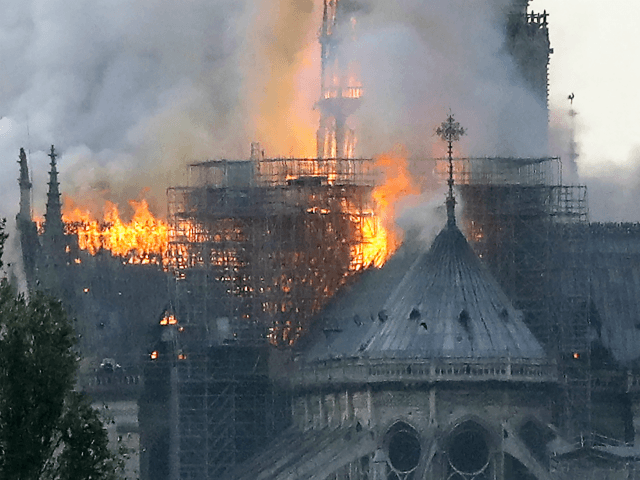 Flames rise during a fire at the landmark Notre-Dame Cathedral in central Paris on April 15, 2019 afternoon, potentially involving renovation works being carried out at the site, the fire service said. (Photo by FRANCOIS GUILLOT / AFP) (Photo credit should read FRANCOIS GUILLOT/AFP/Getty Images)