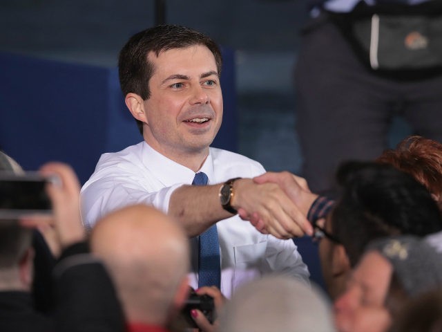 South Bend Mayor Pete Buttigieg greets guests after announcing that he will be seeking the