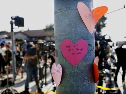 Hand-written notes are displayed on a light post across the street from the Chabad of Poway Synagogue after a shooting on April 27, 2019 in Poway, California. - A gunman opened fire at a synagogue in California, killing one person and injuring three others including the rabbi as worshippers marked …