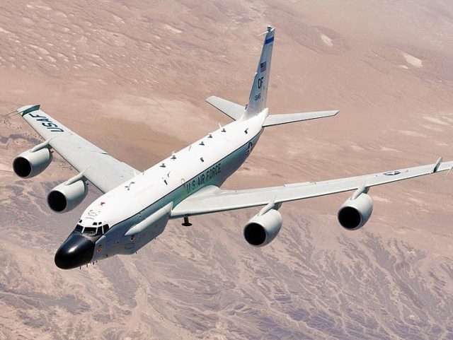 RC-135 Rivet Joint reconnaissance aircraft moves into position behind a KC-135T/R Stratotanker for an aerial refueling at a speed greater than 250 knots over Southwest Asia. When connected to the refueling boom, the aircraft will receive more than 40,000 pounds of fuel allowing it to remain on station or move …