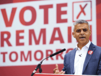 London Mayor Sadiq Khan speaks at a rally in favour of remaining in the EU in central london on June 22, 2016. European leaders warned Britain that a decision to leave the EU was irreversible, as the rival camps made a last-ditch push for votes on the eve of a …