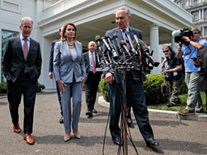 Speaker of the House Nancy Pelosi of Calif., and Senate Minority Leader Sen. Chuck Schumer of N.Y., walk over to speak with reporters after meeting with President Donald Trump about infrastructure, at the White House, Tuesday, April 30, 2019, in Washington. From left, House Ways and Mean Committee Chairman Rep. …