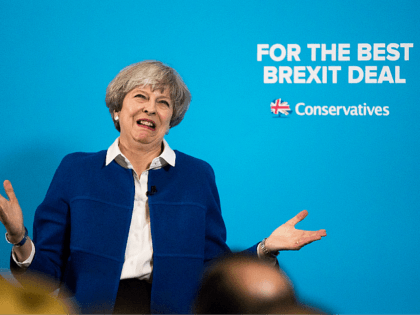 WOLVERHAMPTON, ENGLAND - MAY 30: Prime Minister Theresa May speaks at a campaign rally at The Grand Station on May 30, 2017 in Wolverhampton, England. Britain goes to the polls on June 8 to elect a new parliament in a general election. (Photo by Christopher Furlong/Getty Images)