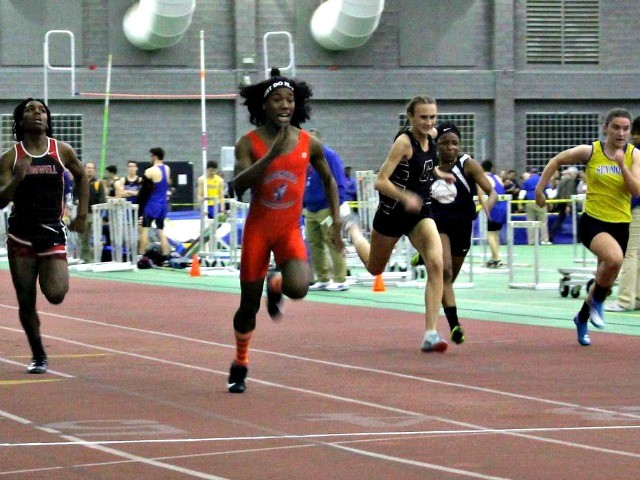 In this Feb. 7 Bloomfield High School transgender athlete Terry Miller, second from left, wins the final of the 55-meter dash over transgender athlete Andraya Yearwood, left, and other runners in the Connecticut girls Class S indoor track meet. PAT EATON-ROBB AP