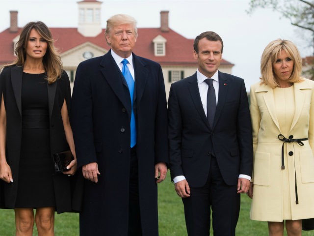 US President Donald Trump and First Lady Melania Trump, and French President Emmanuel Macron and his wife, Brigitte Macron, pose at Mount Vernon, the estate of the first US President George Washington, in Mount Vernon, Virginia, April 23, 2018. (Photo by SAUL LOEB / AFP) (Photo credit should read SAUL …