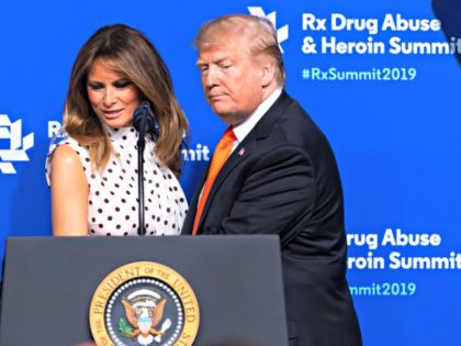 President Donald Trump and first lady Melania Trump arrive to speak during the RX Drug Abuse & Heroin Summit, Wednesday, April 24, 2019 in Atlanta. (AP Photo/John Amis)
